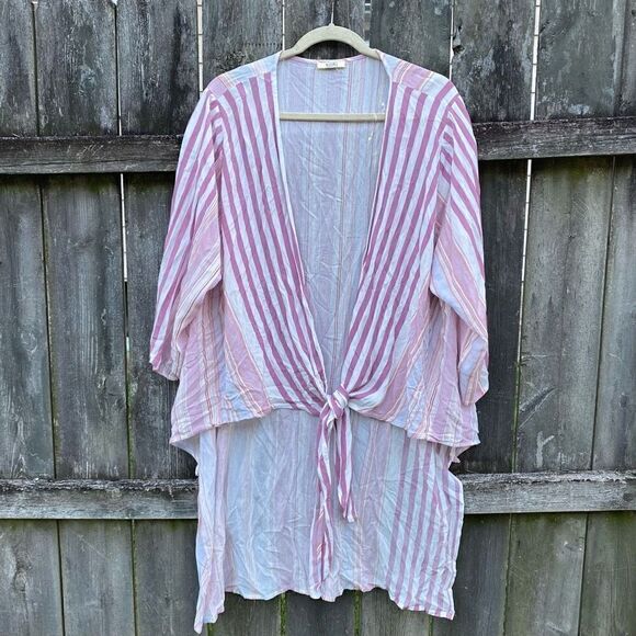 Kori America Tied Front Pastel Striped Kimono Wrap | L - Picture 1 of 4
